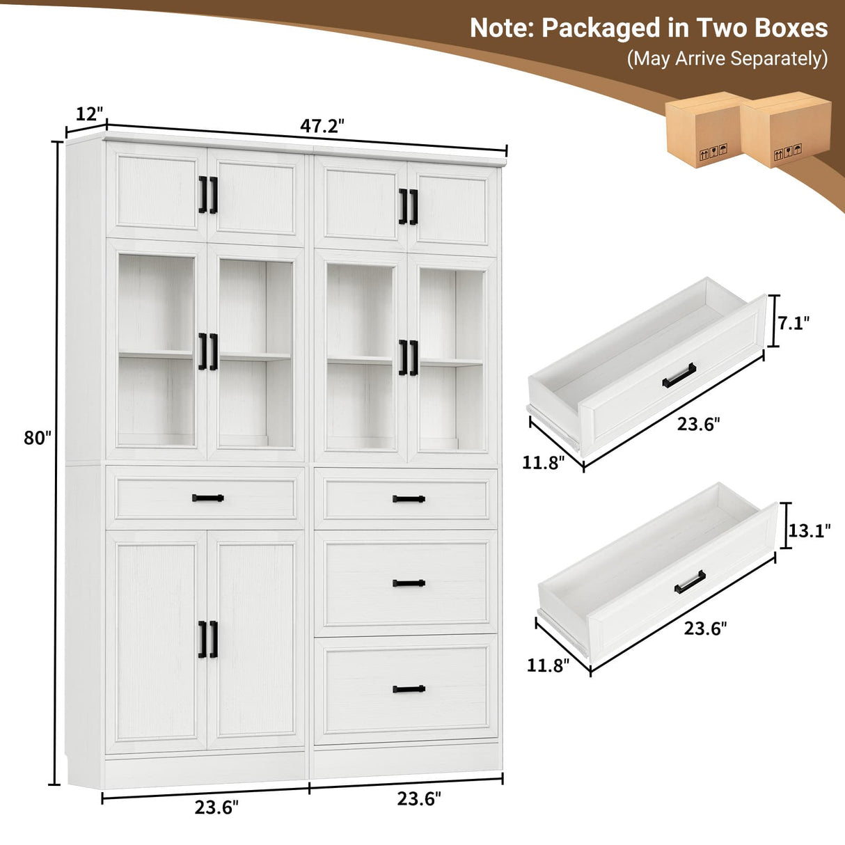 80" 2-Piece Tall Kitchen Pantry Cabinet with Glass Doors and Adjustable Shelves, Off-white
