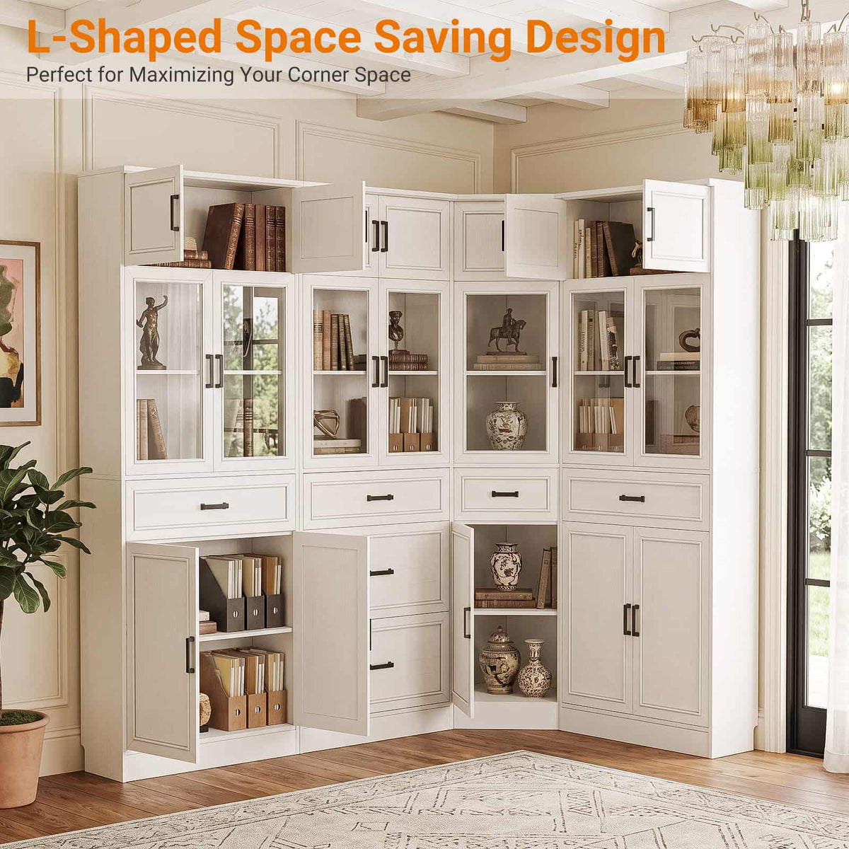 Corner Bookcase, 80" Tall Corner Bookshelf with Door and 6 Drawers