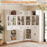 Corner Bookcase, 80" Tall Corner Bookshelf with Door and 6 Drawers