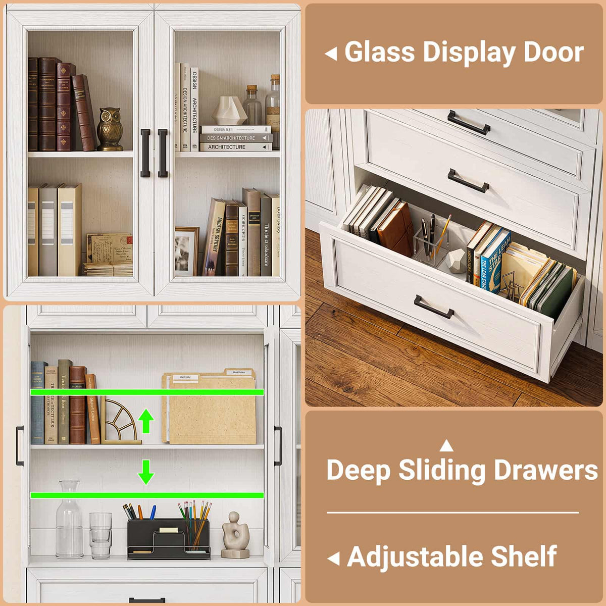 Corner Bookcase, 80" Tall Corner Bookshelf with Door and 6 Drawers
