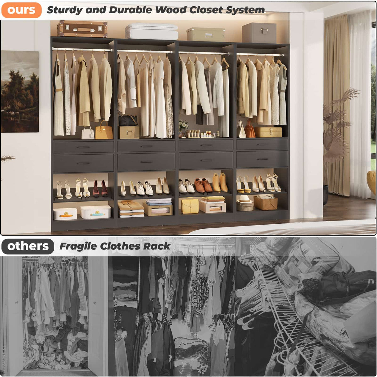 Closet System, 100" Closet Organizer W/ 8 Drawers & 4 Hanging Rods