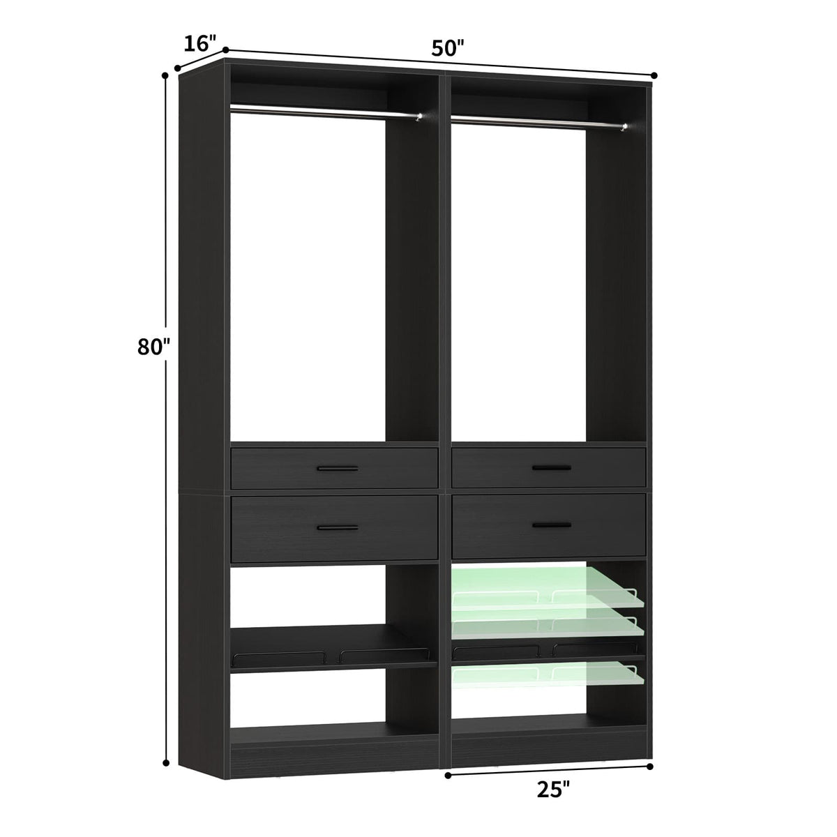 Closet System, 50" Closet Organizer with 4 Drawers & 2 Hanging Rods