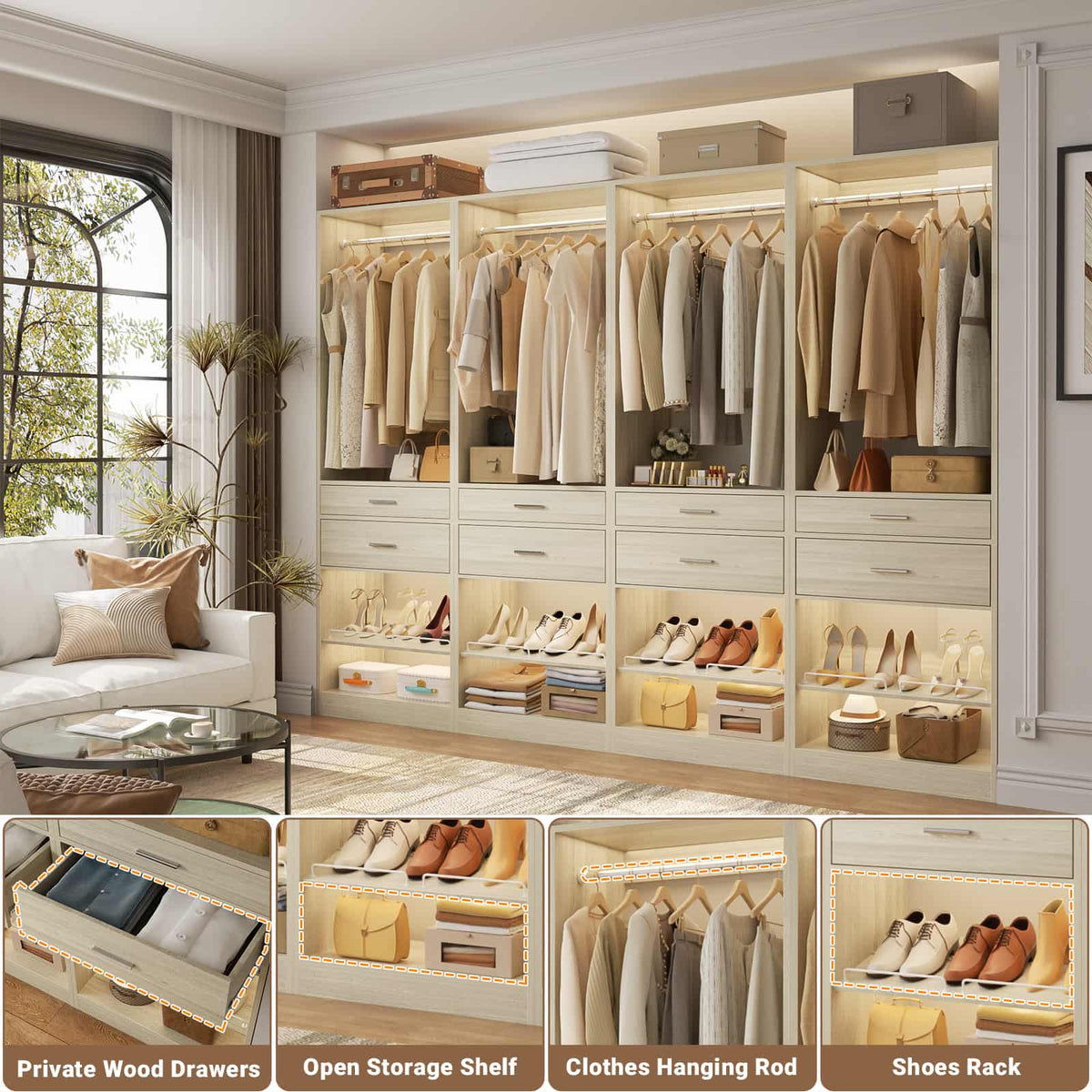 Closet System, 50" Closet Organizer with 4 Wooden Drawers, 2 Hanging Rods, Adjustable Shoe Rack
