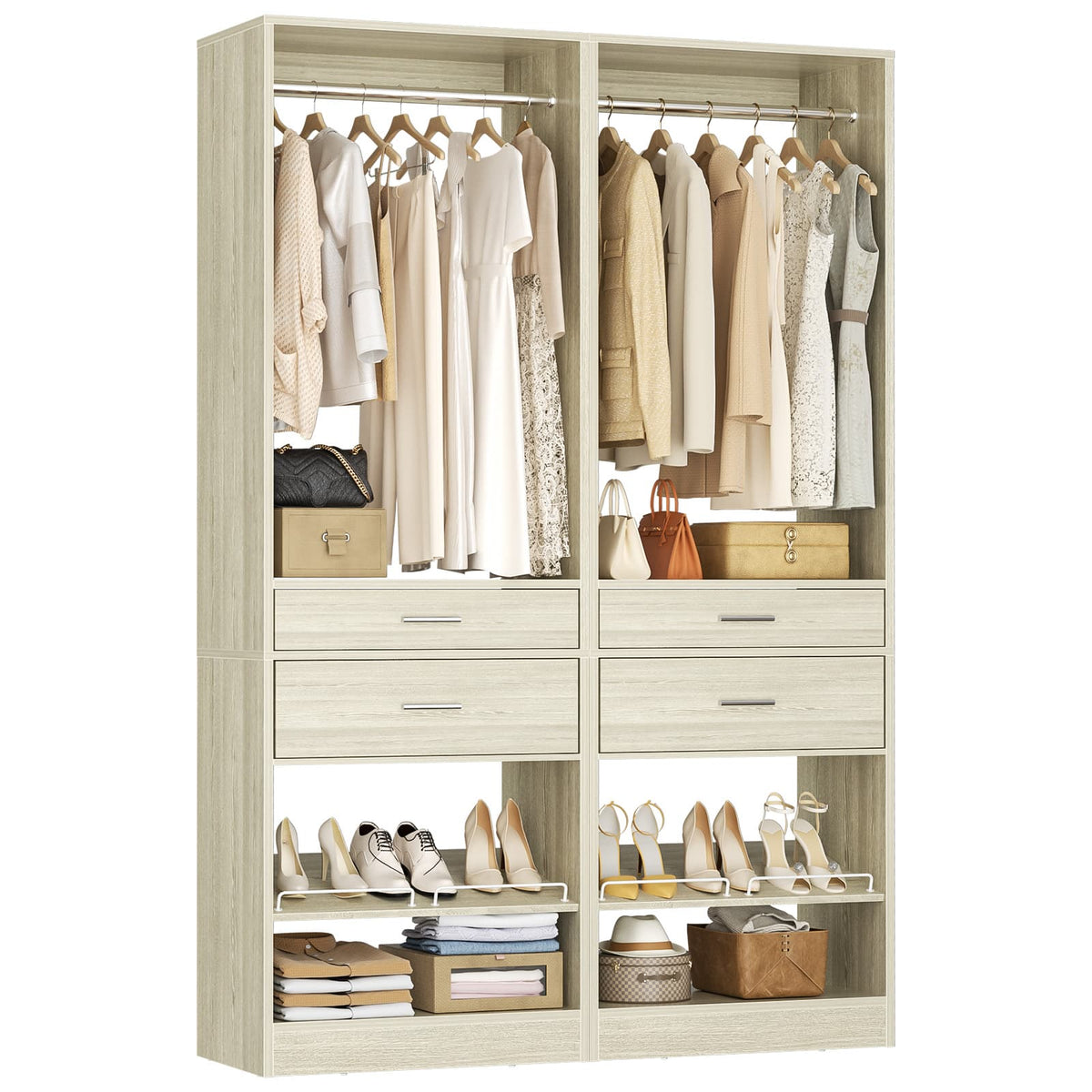 Closet System, 50" Closet Organizer with 4 Wooden Drawers, 2 Hanging Rods, Adjustable Shoe Rack