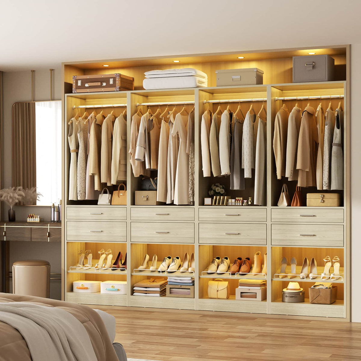 Closet System, 8.3FT Closet Organizer with 8 Wooden Drawers, 4 Hanging Rods, Adjustable Shoe Rack