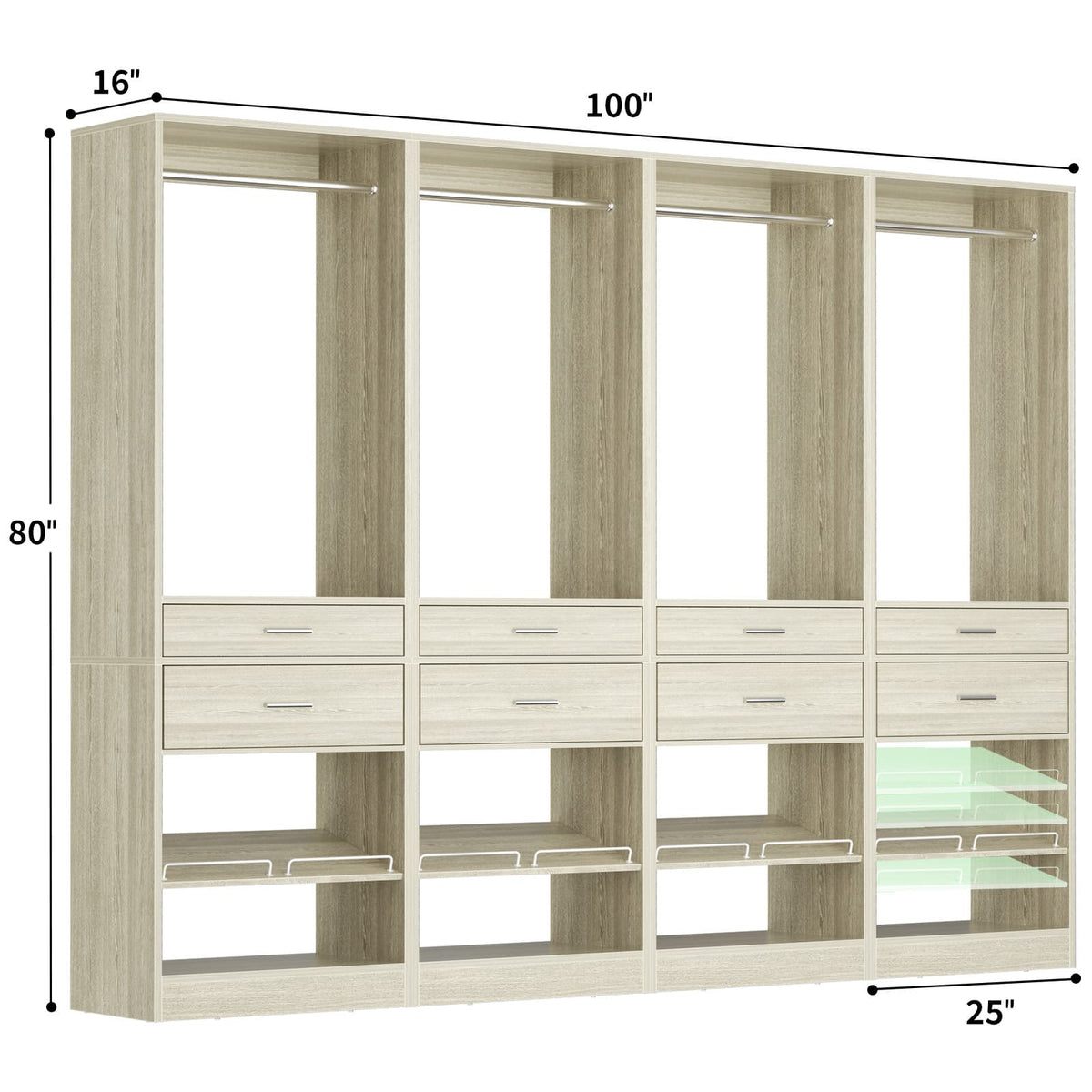 Closet System, 8.3FT Closet Organizer with 8 Wooden Drawers, 4 Hanging Rods, Adjustable Shoe Rack