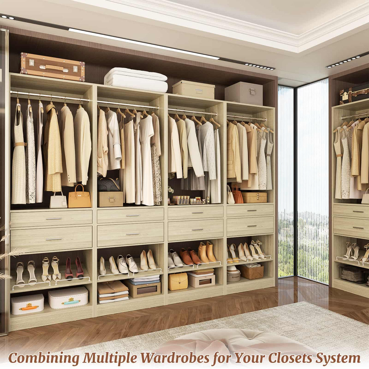 Closet System, 8.3FT Closet Organizer with 8 Wooden Drawers, 4 Hanging Rods, Adjustable Shoe Rack