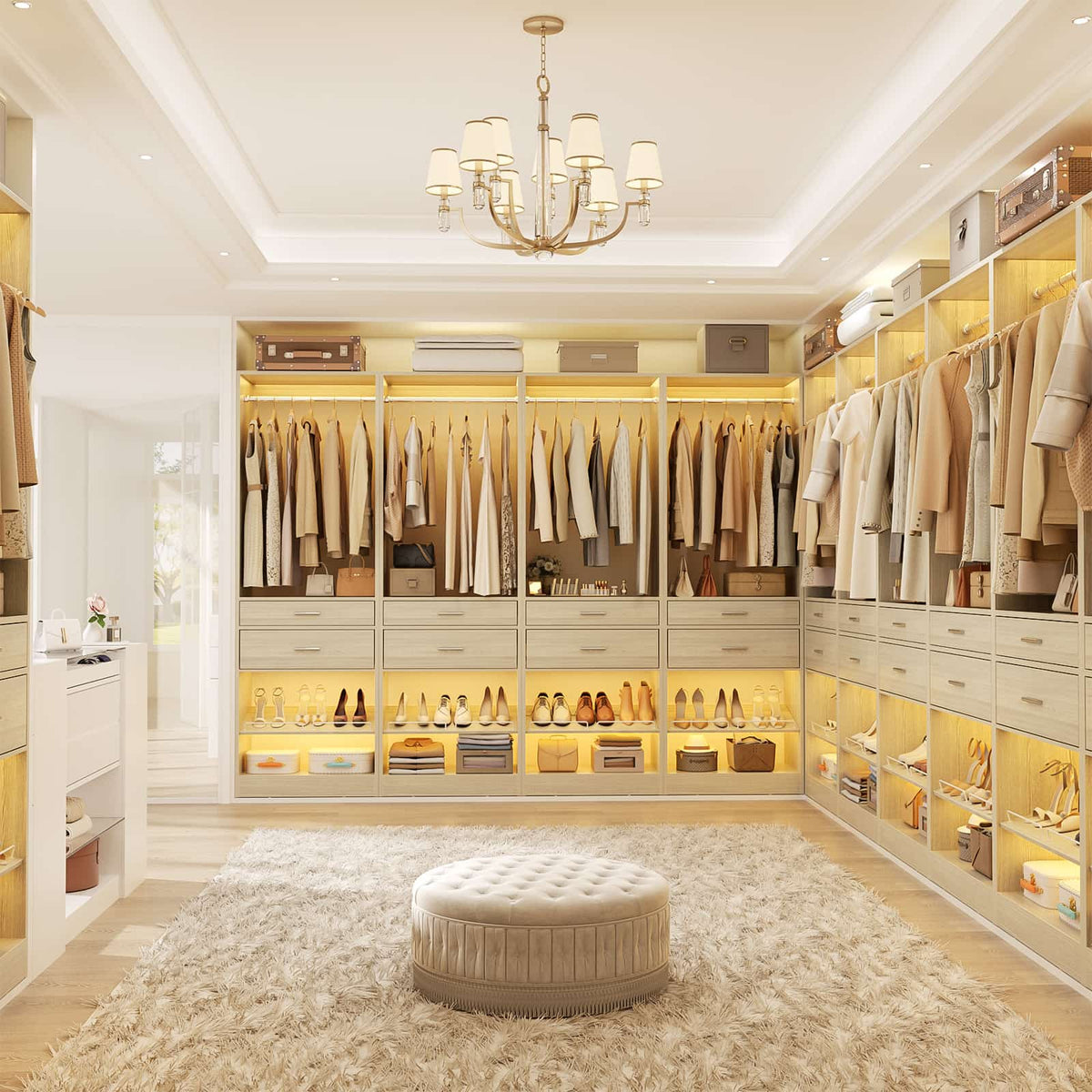Closet System, 8.3FT Closet Organizer with 8 Wooden Drawers, 4 Hanging Rods, Adjustable Shoe Rack
