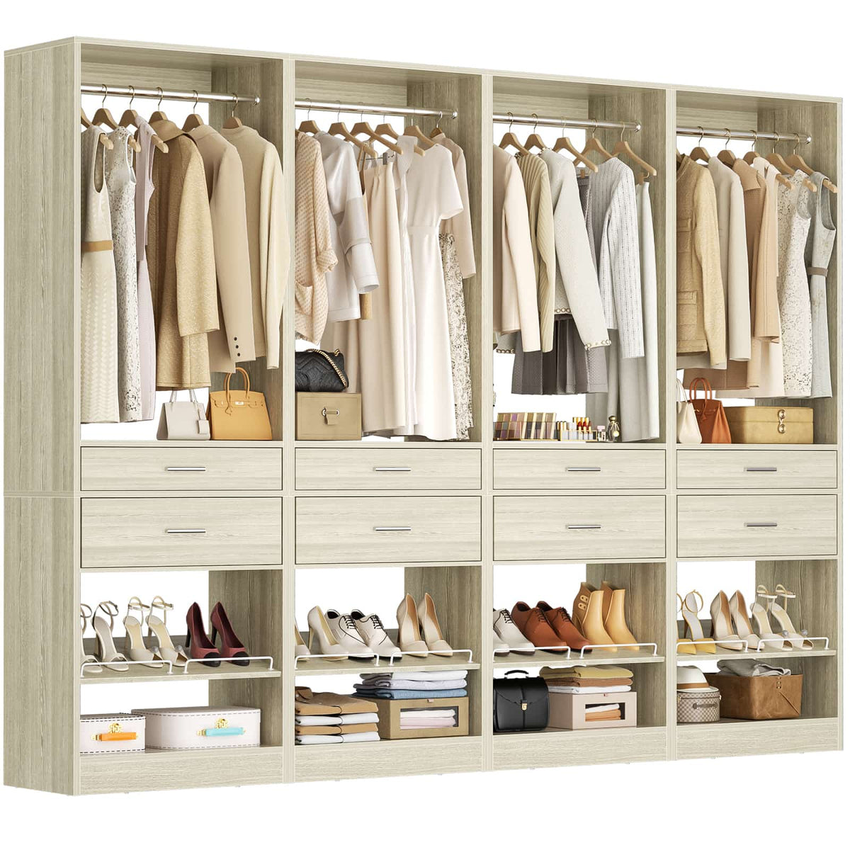 Closet System, 8.3FT Closet Organizer with 8 Wooden Drawers, 4 Hanging Rods, Adjustable Shoe Rack