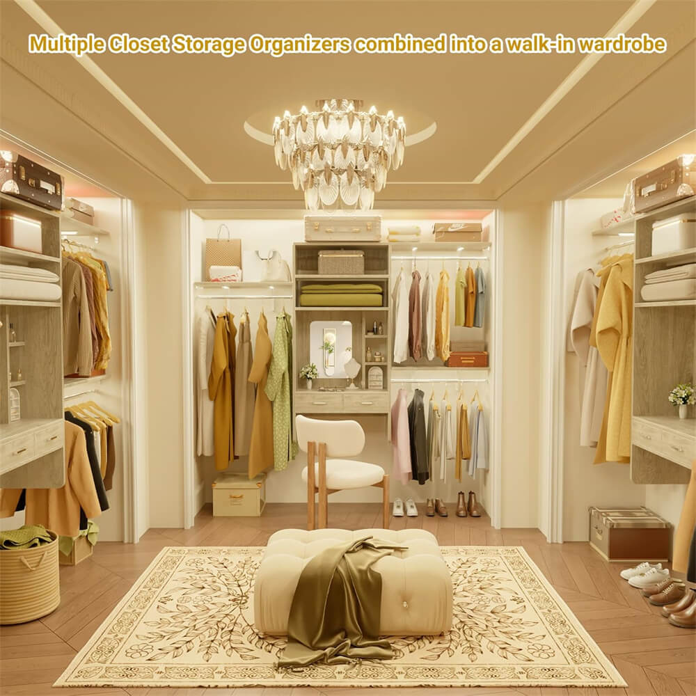 8FT Wall Mounted Closet System with Vanity Desk, with 3 Adjustable Shelves & Hanging Rods, Heavy Duty