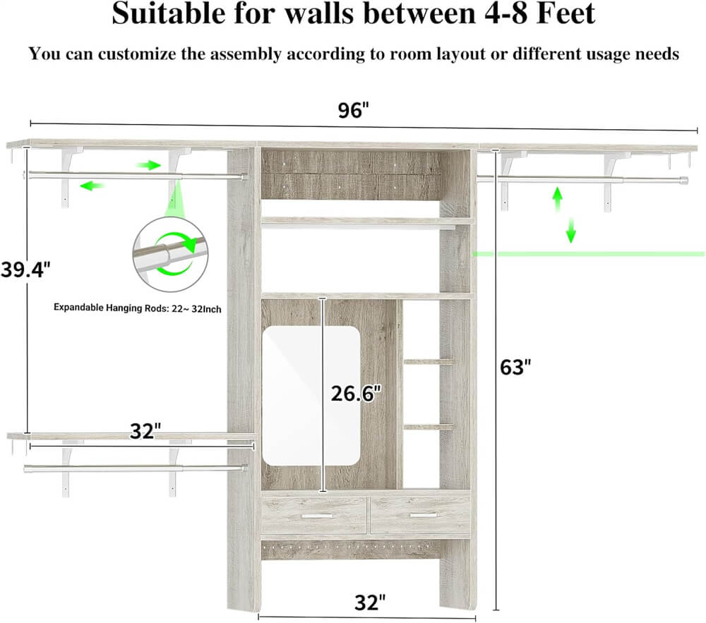 8FT Wall Mounted Closet System with Vanity Desk, with 3 Adjustable Shelves & Hanging Rods, Heavy Duty
