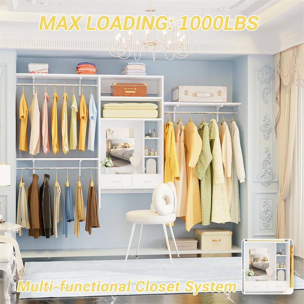 8FT Wall Mounted Closet System with Vanity Desk, with 3 Adjustable Shelves & Hanging Rods, Heavy Duty