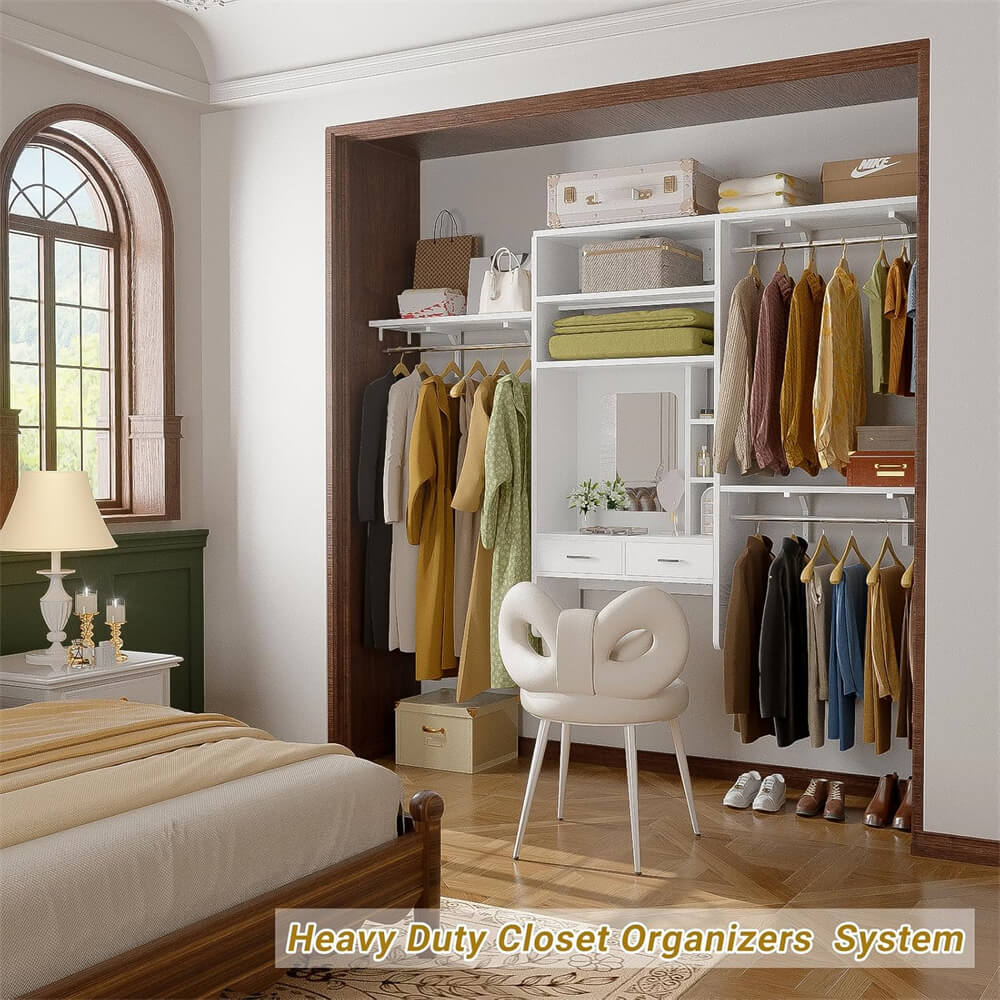 8FT Wall Mounted Closet System with Vanity Desk, with 3 Adjustable Shelves & Hanging Rods, Heavy Duty