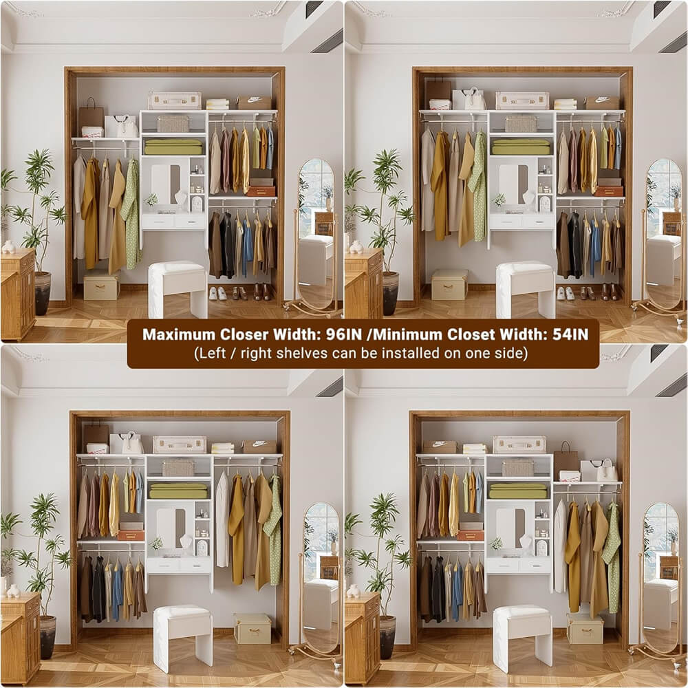 8FT Wall Mounted Closet System with Vanity Desk, with 3 Adjustable Shelves & Hanging Rods, Heavy Duty