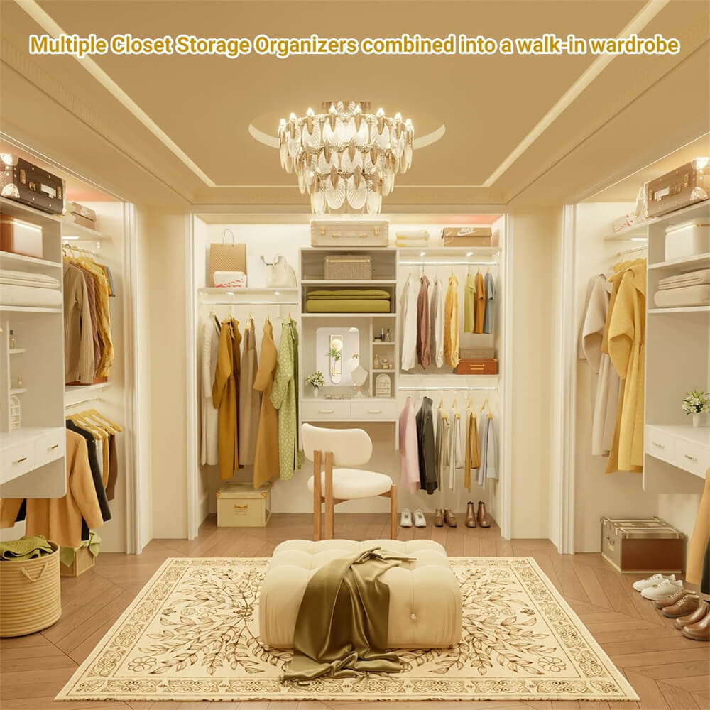 8FT Wall Mounted Closet System with Vanity Desk, with 3 Adjustable Shelves & Hanging Rods, Heavy Duty