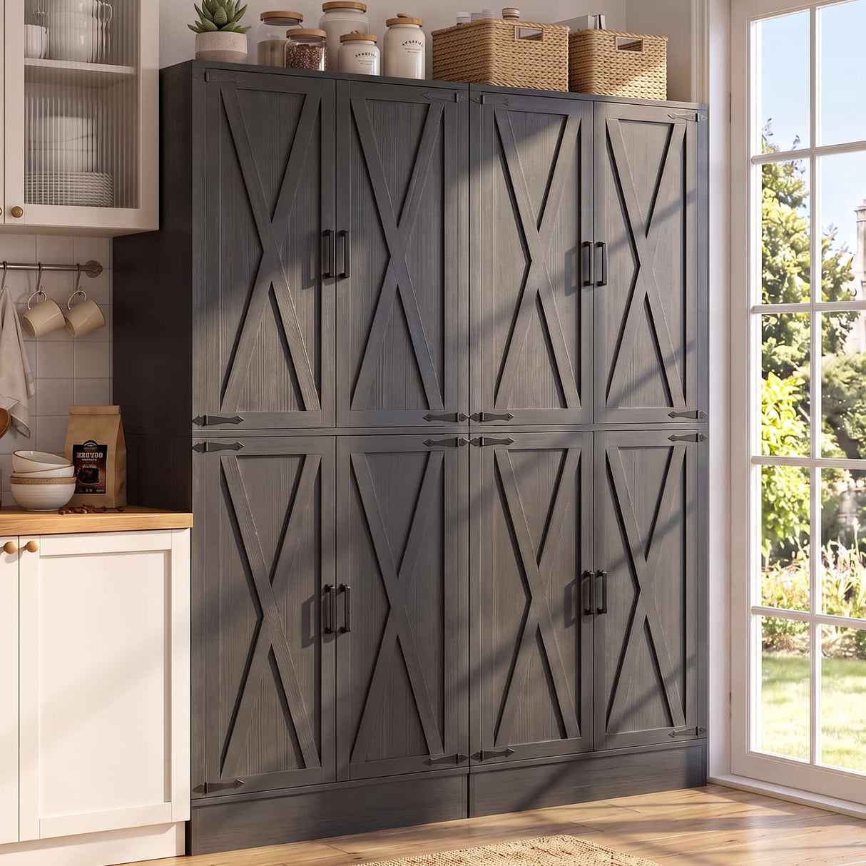 71" Tall Kitchen Pantry Storage Cabinet with 2 Built-in Drawers | 63" Wide Wood Farmhouse Storage Cabinet