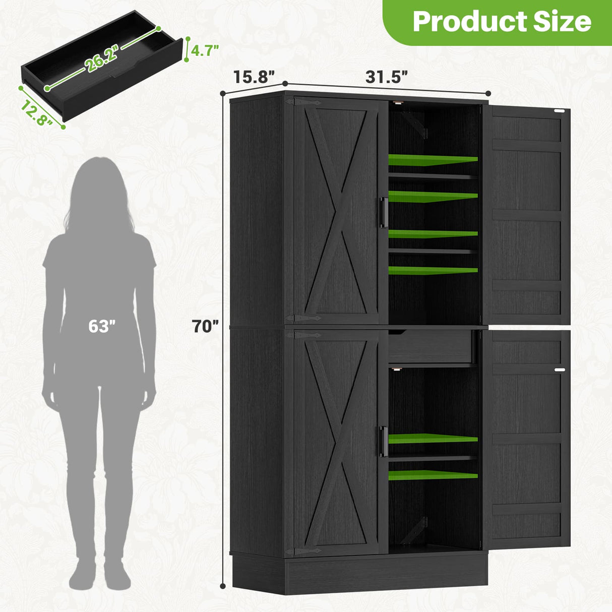 71" Tall Kitchen Pantry Storage Cabinet with Built-in Drawer