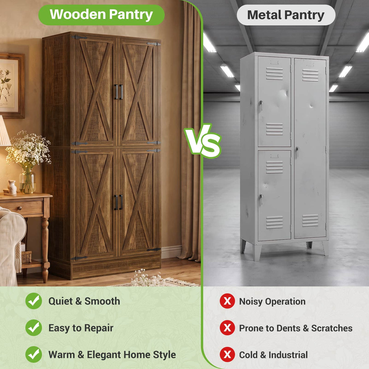 71" Tall Kitchen Pantry Storage Cabinet with 2 Built-in Drawers | 63" Wide Wood Farmhouse Storage Cabinet