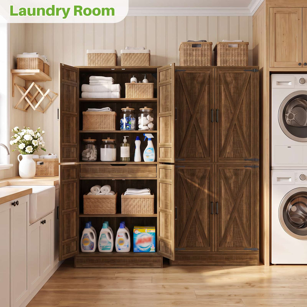71" Tall Kitchen Pantry Storage Cabinet with Built-in Drawer