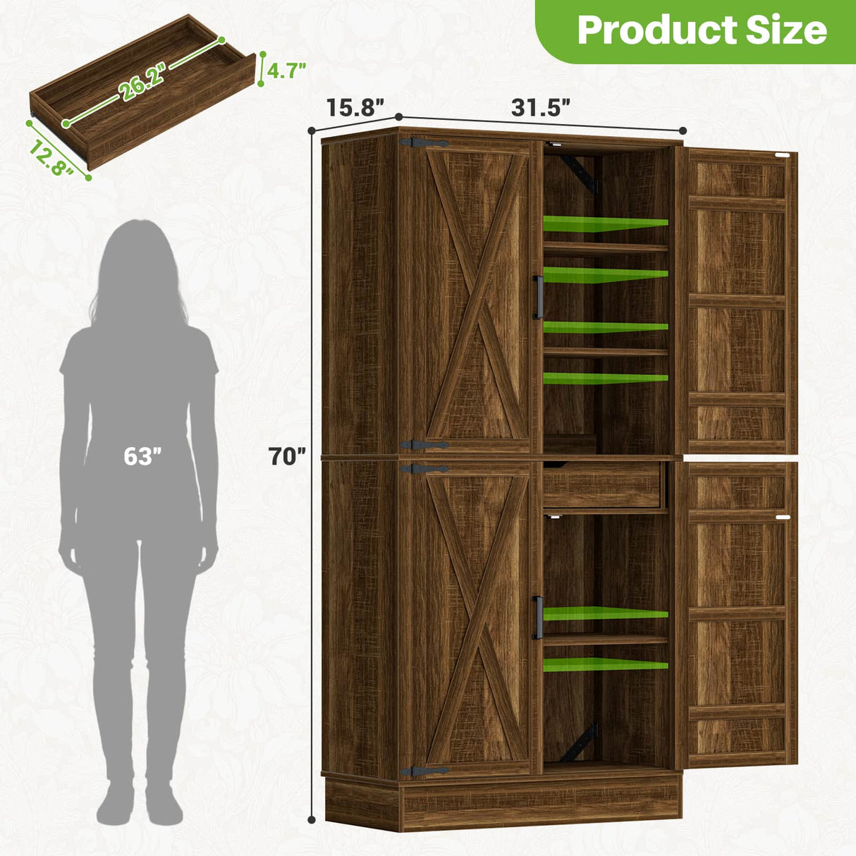 71" Tall Kitchen Pantry Storage Cabinet with Built-in Drawer