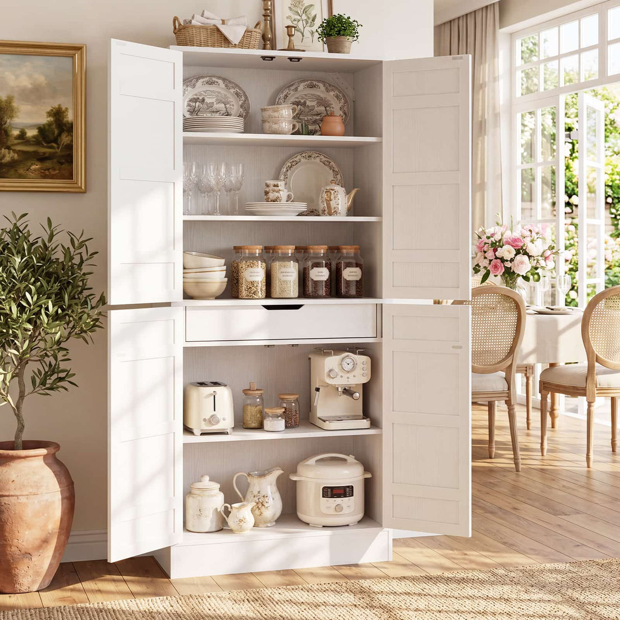 71" Tall Kitchen Pantry Storage Cabinet with 2 Built-in Drawers | 63" Wide Wood Farmhouse Storage Cabinet