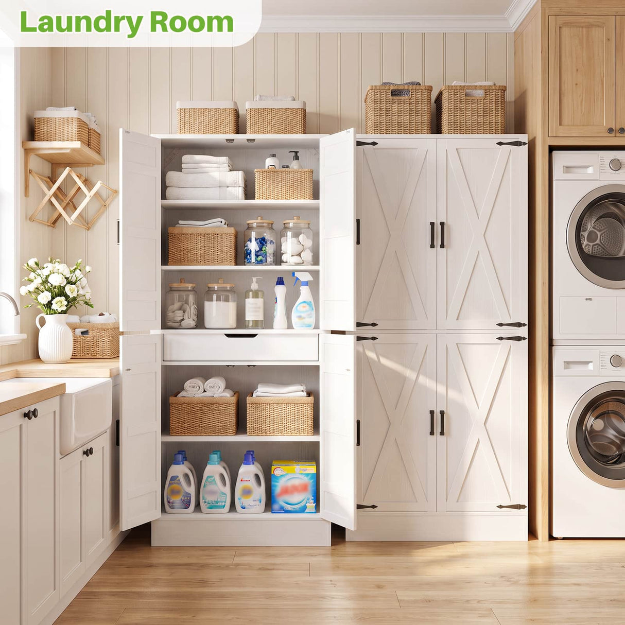 71" Tall Kitchen Pantry Storage Cabinet with 2 Built-in Drawers | 63" Wide Wood Farmhouse Storage Cabinet
