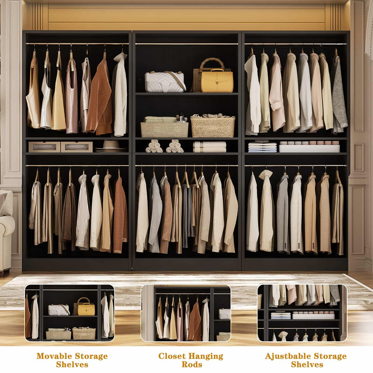 9FT Modular Closet System with 6 Hanging Rods, 2500LBs Heavy Duty Walk-in Organizer