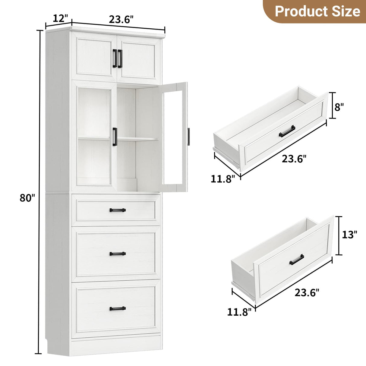 80" Tall Kitchen Pantry Storage Cabinet with Drawers and Glass Doors, Off-White