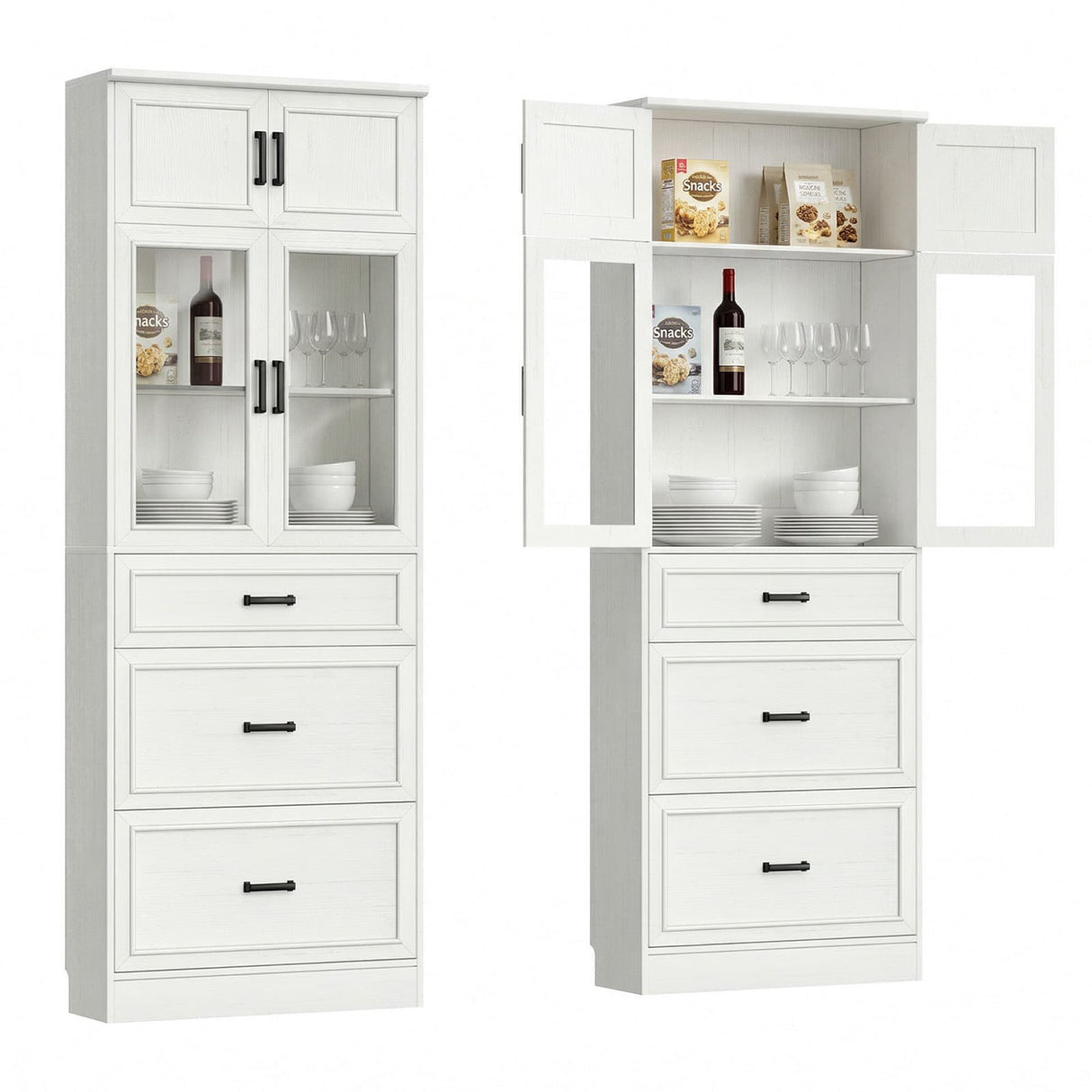 80" Tall Kitchen Pantry Storage Cabinet with Drawers and Glass Doors, Off-White