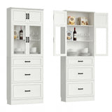 80" Tall Kitchen Pantry Storage Cabinet with Drawers and Glass Doors, Off-White