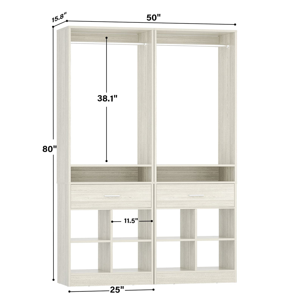 50" Closet System, Closet Organizer with 2 Wooden Drawers,  Closet Organizer with 2 Hanging Rods & 8 Cubby Storages