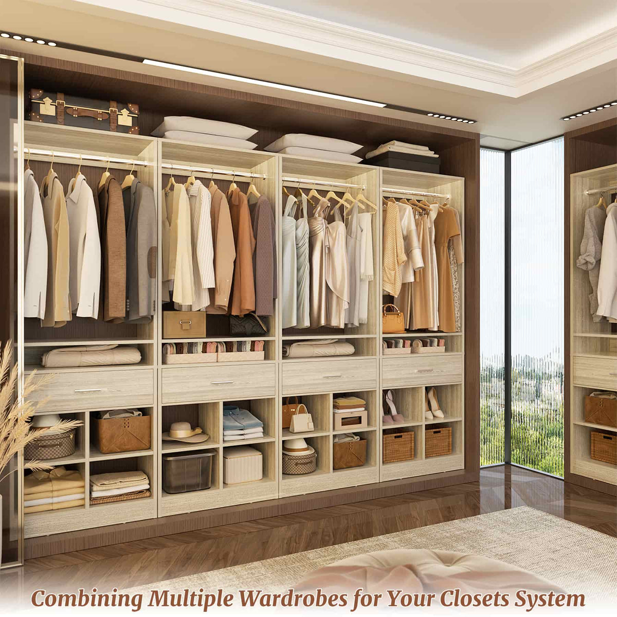 50" Closet System, Closet Organizer with 2 Wooden Drawers,  Closet Organizer with 2 Hanging Rods & 8 Cubby Storages