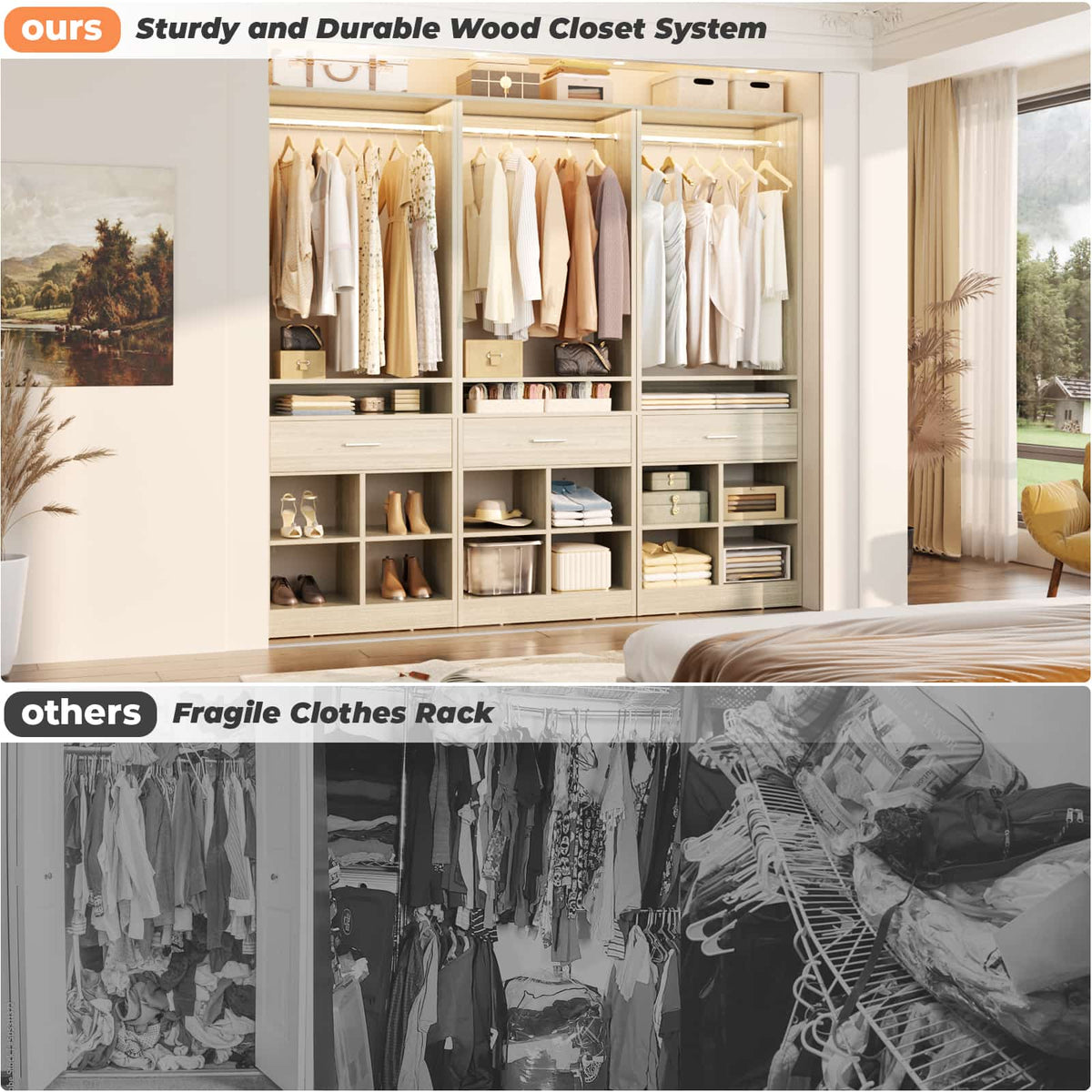 50" Closet System, Closet Organizer with 2 Wooden Drawers,  Closet Organizer with 2 Hanging Rods & 8 Cubby Storages