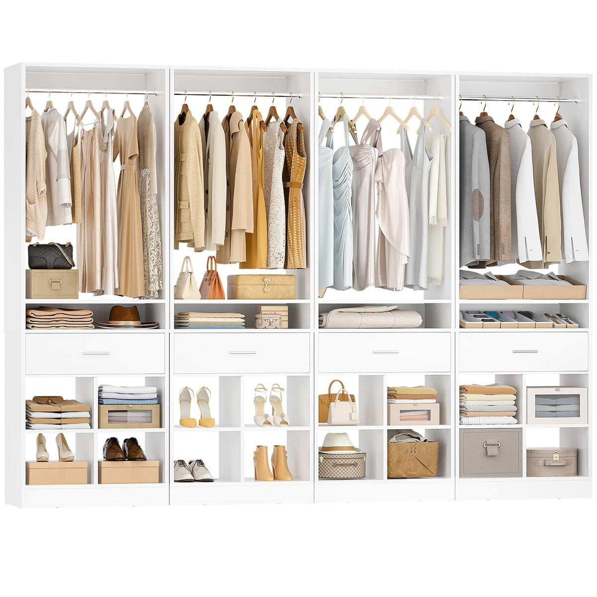 100" Closet System, 8.3FT Closet Organizer with 4 Wooden Drawers, Closet Organizer with 4 Hanging Rods & 16 Cubby Storages
