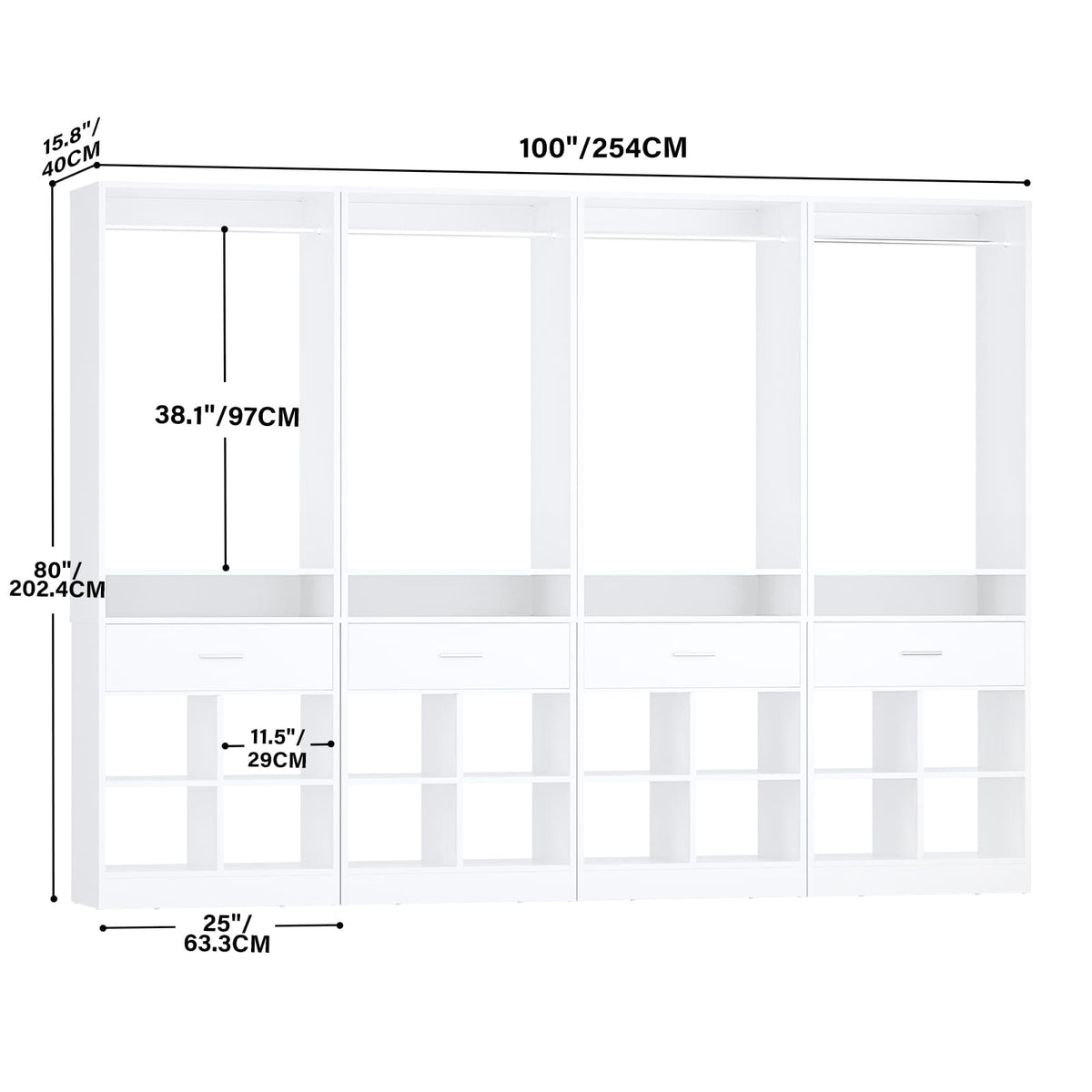 100" Closet System, 8.3FT Closet Organizer with 4 Wooden Drawers, Closet Organizer with 4 Hanging Rods & 16 Cubby Storages