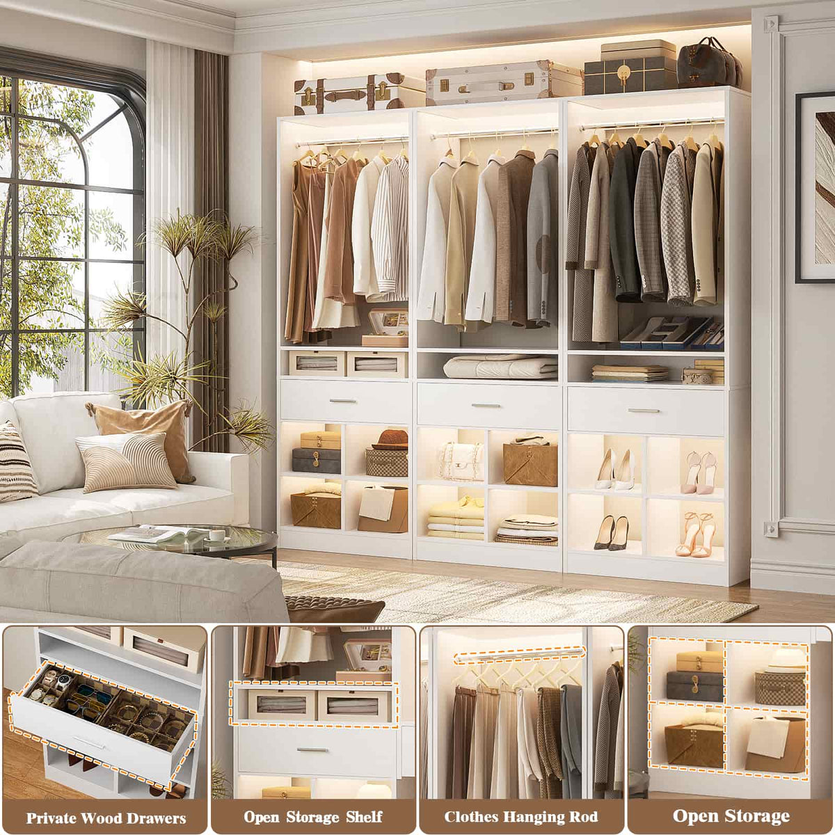 100" Closet System, 8.3FT Closet Organizer with 4 Wooden Drawers, Closet Organizer with 4 Hanging Rods & 16 Cubby Storages