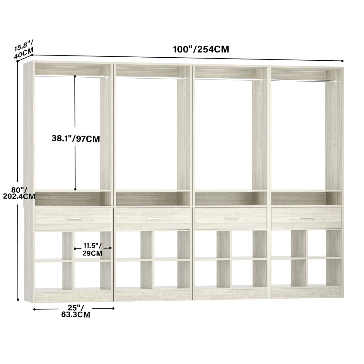 100" Closet System, 8.3FT Closet Organizer with 4 Wooden Drawers, Closet Organizer with 4 Hanging Rods & 16 Cubby Storages