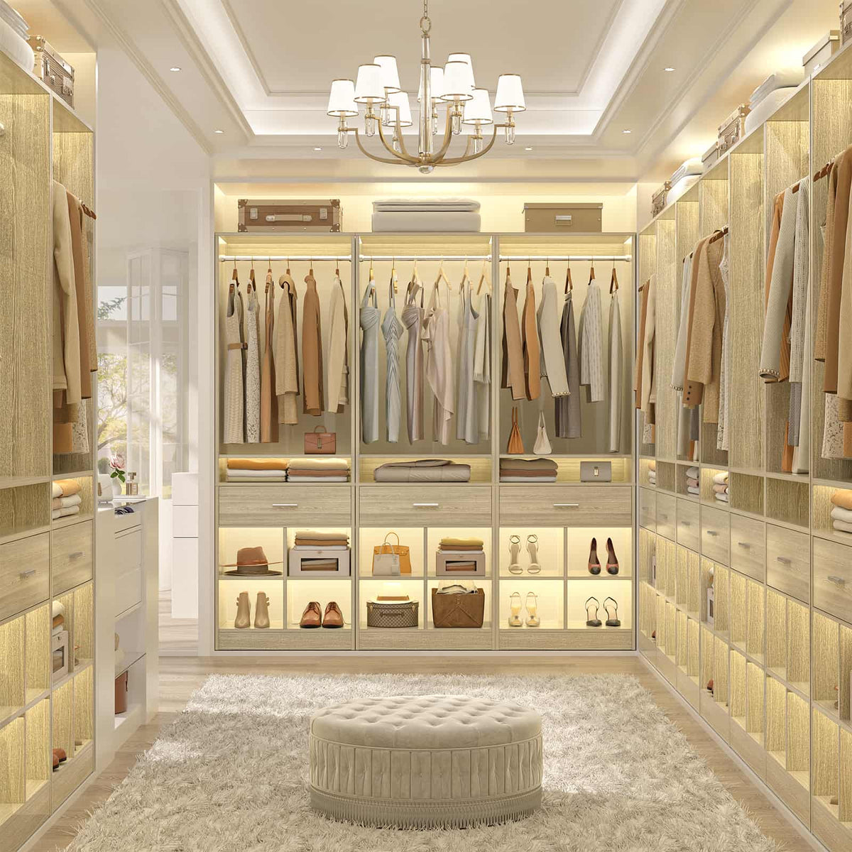 100" Closet System, 8.3FT Closet Organizer with 4 Wooden Drawers, Closet Organizer with 4 Hanging Rods & 16 Cubby Storages