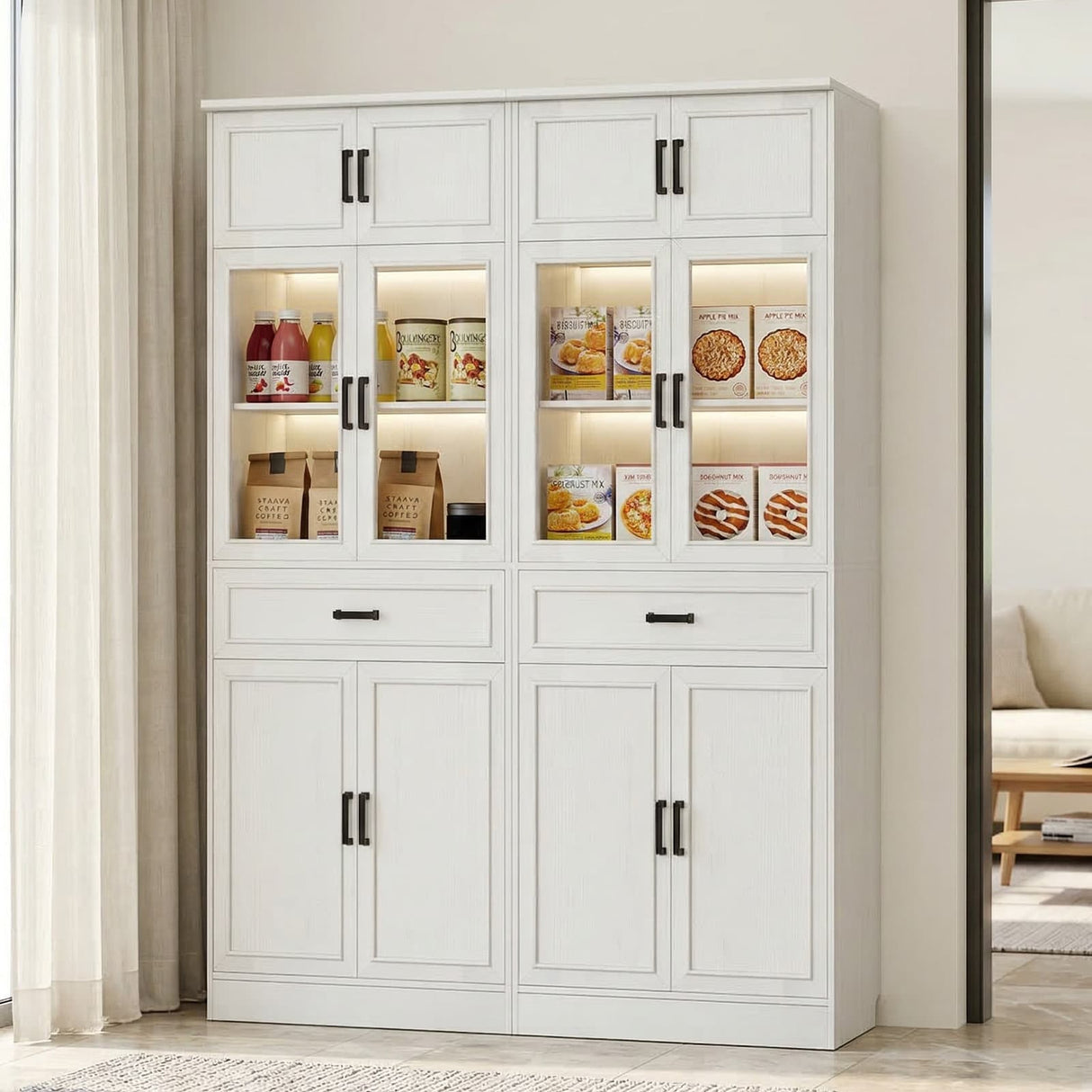 80" Tall Kitchen Pantry Storage Cabinet with Glass Doors, Adjustable Shelves & Drawer Organizer