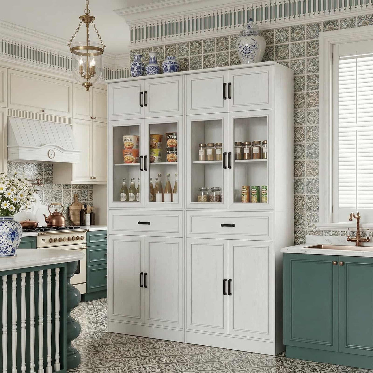 80" Tall Kitchen Pantry Storage Cabinet with Glass Doors, Adjustable Shelves & Drawer Organizer