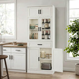 80" Tall Kitchen Pantry Storage Cabinet with Glass Doors, Adjustable Shelves & Drawer Organizer