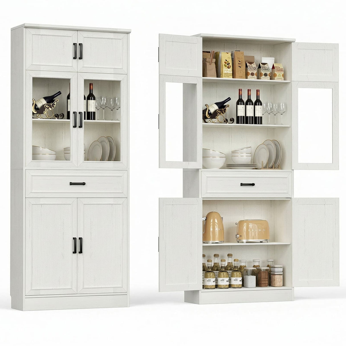 80" Tall Kitchen Pantry Storage Cabinet with Glass Doors, Adjustable Shelves & Drawer Organizer