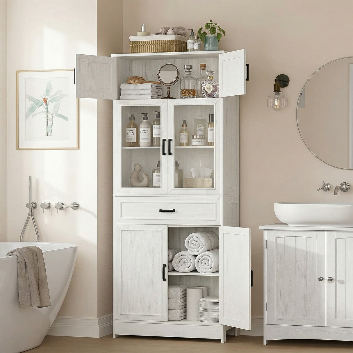 80" Tall Kitchen Pantry Storage Cabinet with Glass Doors, Adjustable Shelves & Drawer Organizer