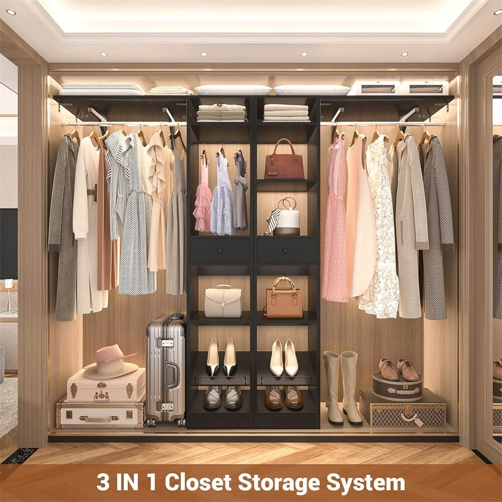 58'' W - 90'' W Walk In Closet System, Large Heavy Duty Closet Organizer System with 2 Drawers, 3 Hanging Rods,  and 13 Shelves, Reversible Design