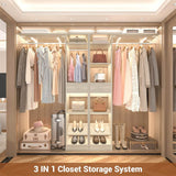 58'' W - 90'' W Walk In Closet System, Large Heavy Duty Closet Organizer System with 2 Drawers, 3 Hanging Rods,  and 13 Shelves, Reversible Design