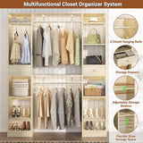 58'' W - 90'' W Walk In Closet System, Large Heavy Duty Closet Organizer System with 2 Drawers, 3 Hanging Rods,  and 13 Shelves, Reversible Design