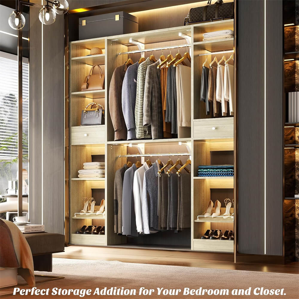 58'' W - 90'' W Walk In Closet System, Large Heavy Duty Closet Organizer System with 2 Drawers, 3 Hanging Rods,  and 13 Shelves, Reversible Design