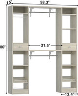 58'' W - 90'' W Walk In Closet System, Large Heavy Duty Closet Organizer System with 2 Drawers, 3 Hanging Rods,  and 13 Shelves, Reversible Design