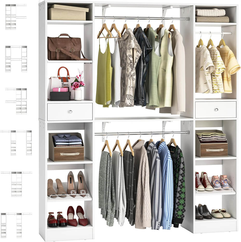 58'' W - 90'' W Walk In Closet System, Large Heavy Duty Closet Organizer System with 2 Drawers, 3 Hanging Rods,  and 13 Shelves, Reversible Design