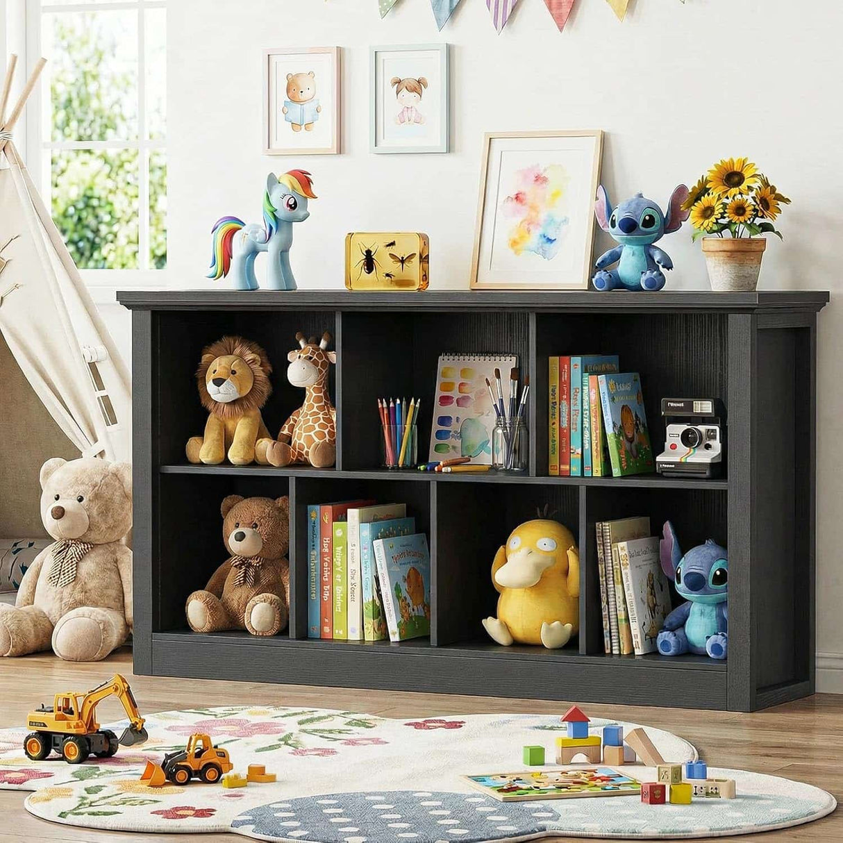 7-Cube Storage Bookcase, Modern Cube Storage Shelf Organizer, Wooden Bookshelf for Small Spaces, Living Room, Bedroom & Entryway